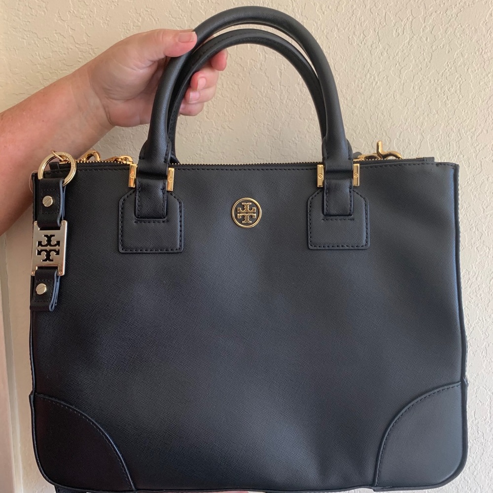 Tory Burch Black Leather Satchel with Gold Hardware